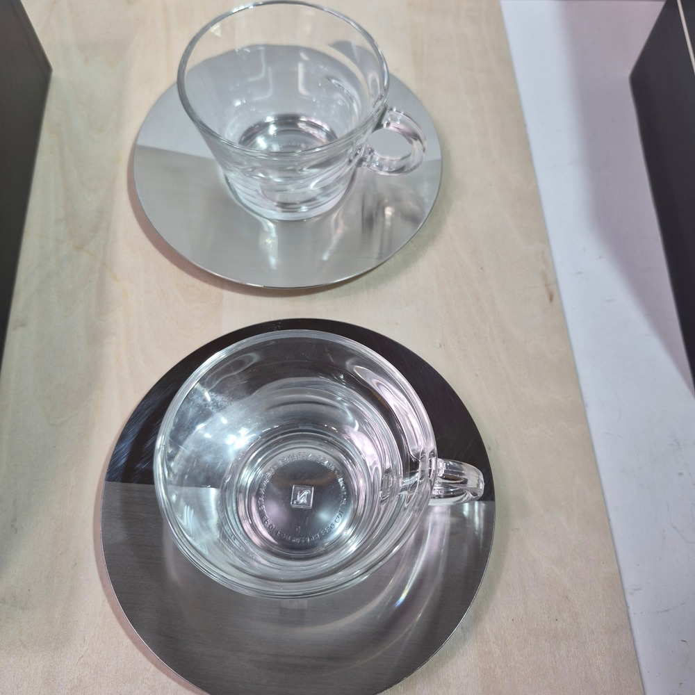Nespresso View Collection Cappuccino Set 2 Glass Cups 2 Stainless Steel Saucers - Picture 3 of 8
